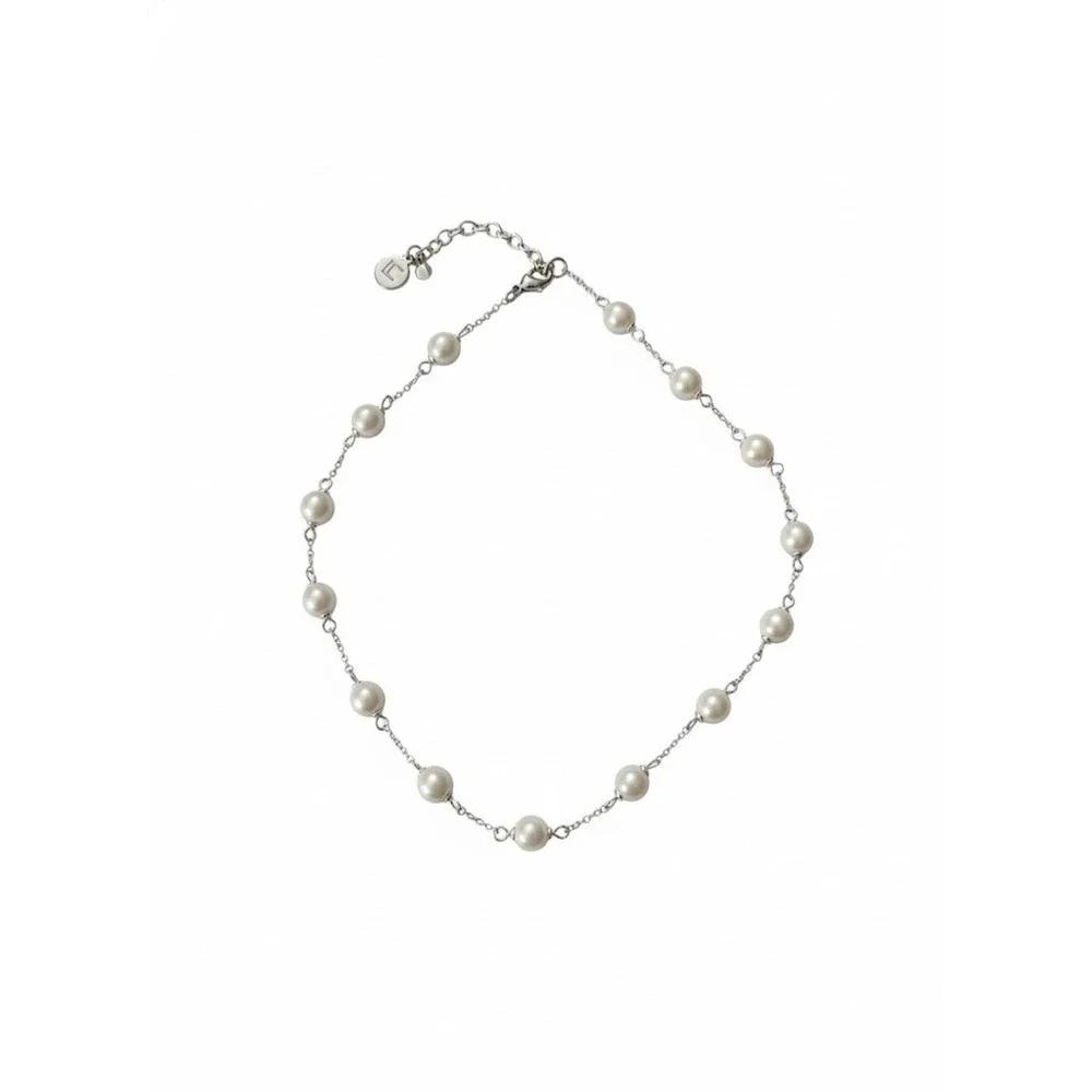 Liz‎ Claiborne LC Delicate Faux Pearl Necklace Silver Tone Chain Choker 17